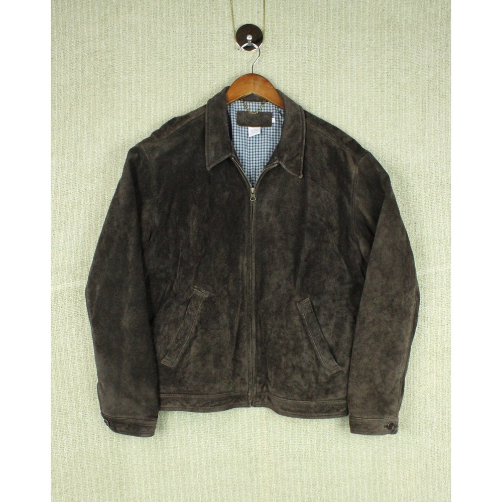 Vintage J.Crew Brown Suede Leather Bomber Jacket Gingham Zip Up Mens L
